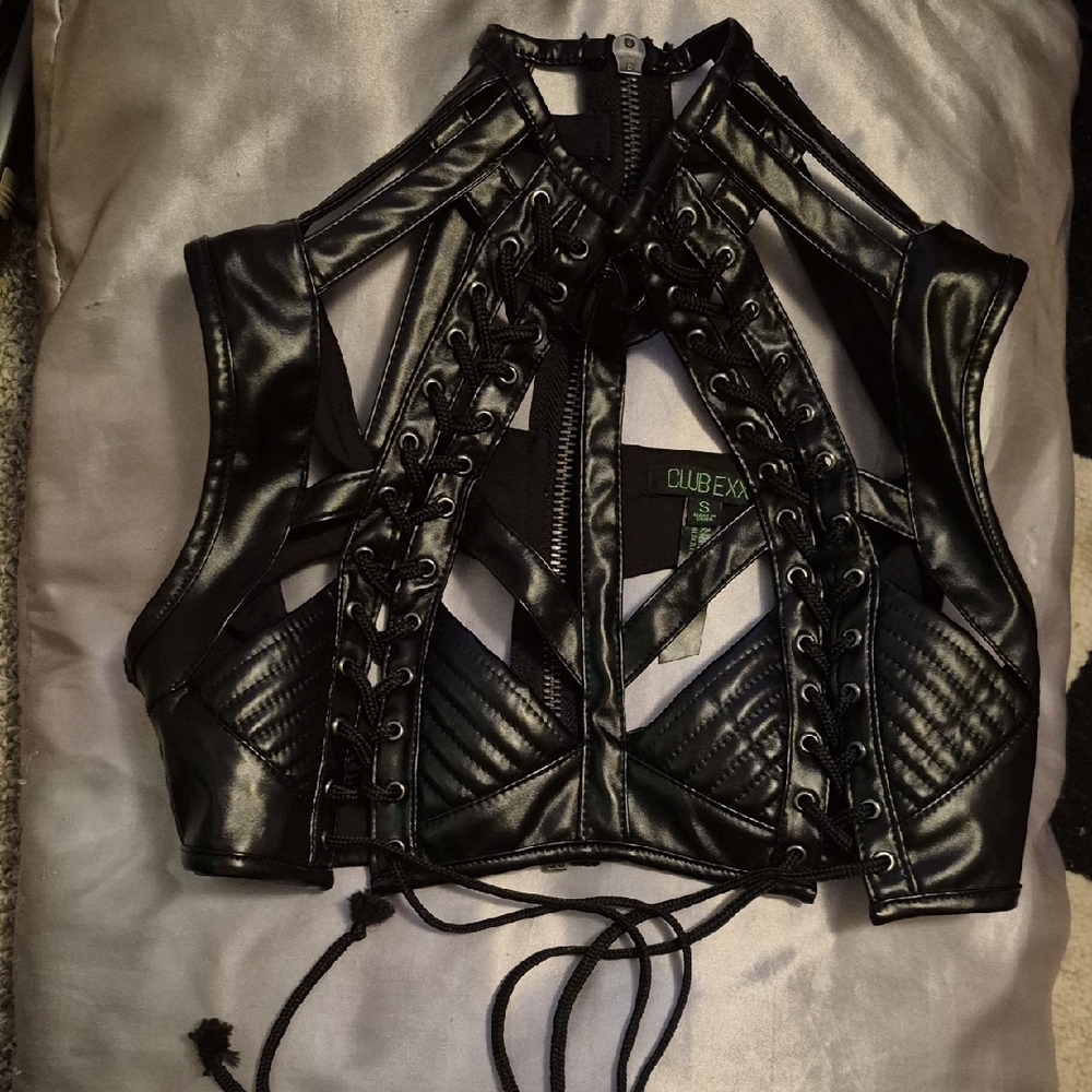 Black Faux Leather Lace-Up Crop Top